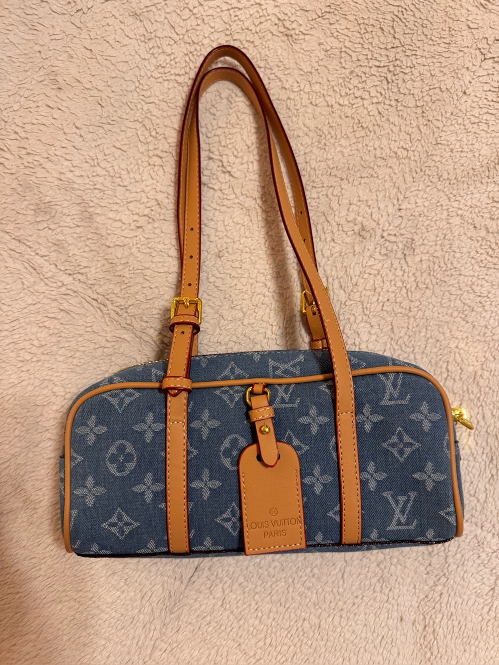 Blue Monogram Denim Shoulder Bag with Tan Trim